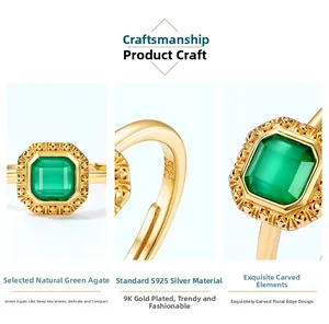 Detail view of retro S925 silver ring with emerald-cut green agate and gold plating
