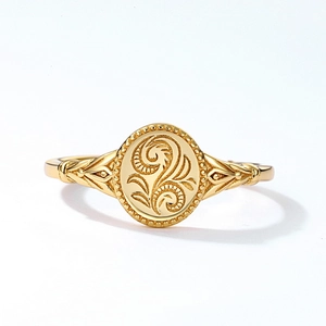 Classic 9K gold plated 925 silver leaf signet ring with vintage floral engraving