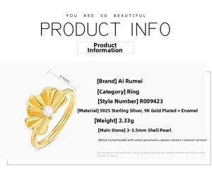 Detailed product info for S925 silver gold-plated ginkgo leaf ring with shell pearl