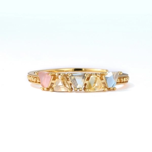 Bague en argent s925 plaqué or 9K avec cinq pierres précieuses synthétiques arc-en-ciel