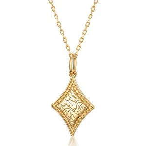 Vintage 925 Sterling Silver Rhombus Pendant Necklace For Women 9K Gold Plated Classical Leaf Engraved Geometric Jewelry Gift