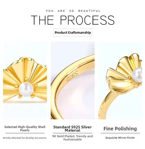Detailed view of S925 silver ginkgo leaf ring with white shell pearl and 9K gold plating