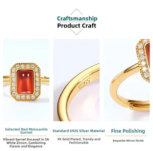Detailed views of vintage S925 silver ring with red garnet stone and 9K gold finish