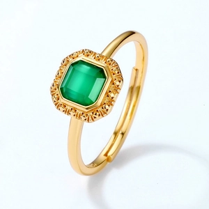 Luxurious gold-plated adjustable ring with an emerald-cut green agate gemstone inlay