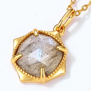 Hexagonal labradorite stone pendant necklace in 925 silver with 9K gold plating