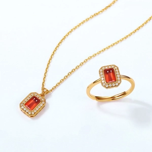 Retro 925 silver ring and necklace set with garnet stones and pavé zircon accents