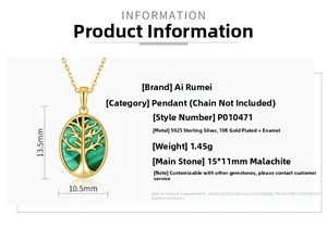 Détails du pendentif arbre de vie en malachite avec spécificités en argent doré