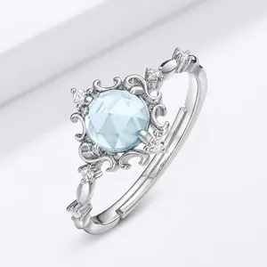 Vintage S925 Silver Flower Crown Ring For Women Natural Sky Blue Topaz Adjustable Open Ring Luxury Jewelry Gift