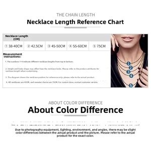 Size guide showing S925 sterling silver necklace lengths from 38cm to 75cm on a model