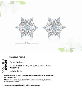 S925 silver snowflake stud earrings with blue spinel and white zircon stones