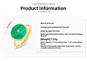 Bague en argent S925 plaqué or 10K avec malachite et détails en zircon spécifications