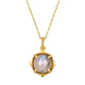 925 Sterling Silver Labradorite Geometric Rhombus Pendant Necklace For Women 9K Gold Plated Minimalist Elegant Fine Jewelry Gift