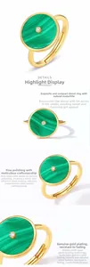 Vue détaillée de la bague en argent S925 avec malachite, anneau réglable et zircon 5A