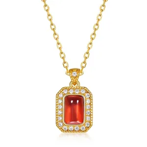 Vintage 925 Sterling Silber Roter Granat Anhänger Halskette Gold Plattiert Rechteck Zirkonia Eingelegt Luxus Schmuck Damen Geschenk