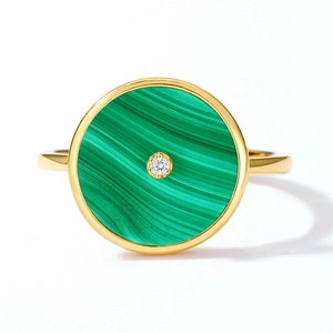 Bague ouverte en argent S925 avec malachite ronde et cristal scintillant au centre