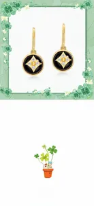 Macro detail of S925 silver four-leaf clover earrings with black onyx and zircon stones