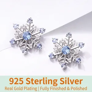 925 Sterling Silver Blue Spinel Snowflake Stud Earrings For Women Zirconia Inlaid Geometric Christmas Jewelry Gift