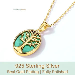 Collier Pendentif Malachite Arbre de Vie en Argent Sterling 925 pour Femme Bijoux Géométriques Ovales Plaqués Or