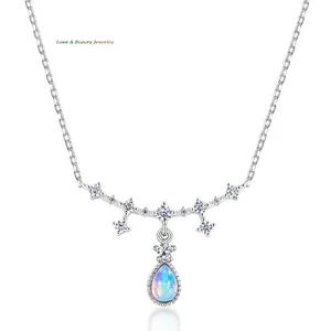 925 Sterlingsilber Wassertropfen Synthetischer Opal Anhänger Halskette Für Damen Zirkonia Eingelegter Geometrischer Irisierender Schmuck