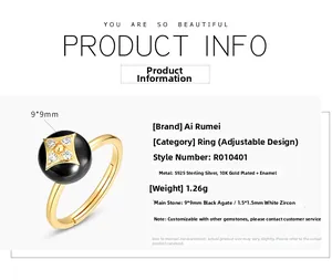 Detail showing S925 silver ring with 10K gold plating and black onyx clover stone