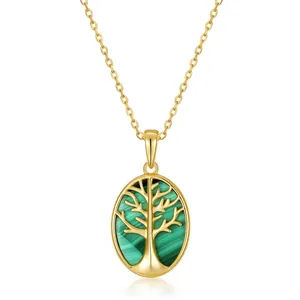 Pendentif arbre de vie ovale en argent 925 avec malachite verte et placage d'or