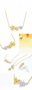Detailed macro view of S925 silver maple leaf pendant with 5A zircons and gold plating