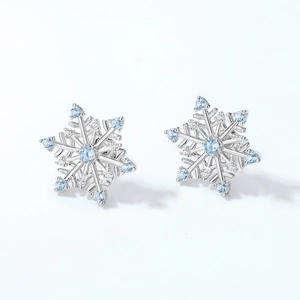 Minimalist S925 silver snowflake stud earrings with blue spinel and clear crystals