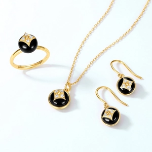 Elegant 925 silver jewelry set with black onyx clover and star zircon pendant