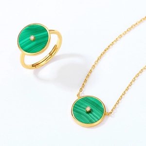 Ensemble bijoux en argent S925 avec malachite anneau ouvert et collier plaqué or
