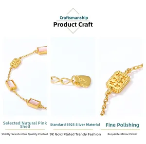 Detail of S925 silver bracelet with pink shell inlay and heart charm engraving