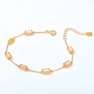 Japanese style 925 silver gold bracelet with rectangular pink shell stones and heart charm