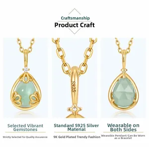 Detailed views of S925 silver teardrop pendant featuring green aventurine and gold plating