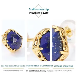 Macro detail of S925 silver earring with faceted lapis lazuli and vintage hollow carvings
