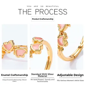 Macro detail of S925 silver ring featuring pink enamel flowers and 9K gold plating