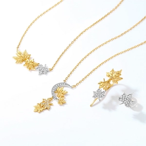 Minimalist S925 silver maple leaf and moon jewelry set with two-tone gold plating