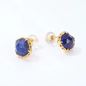 Lapis lazuli stud earrings in vintage S925 silver gold finish with vine pattern