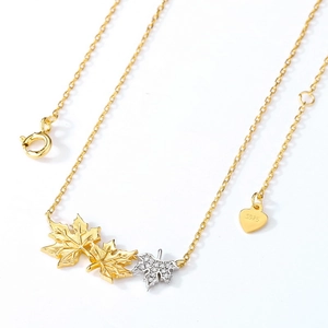 Elegant S925 sterling silver maple leaf necklace with gold frosted and zircon stones