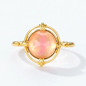 Vintage 925 silver ring with round peach gem and bird motif in elegant gold finish