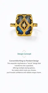 Macro detail of vintage gold starburst ring with blue labradorite stone inlay