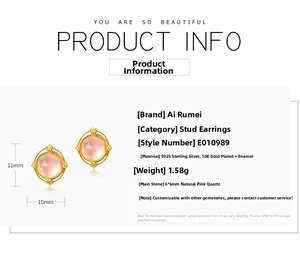 Detailed specs of S925 silver bird studs with 10K gold plating and natural rose quartz