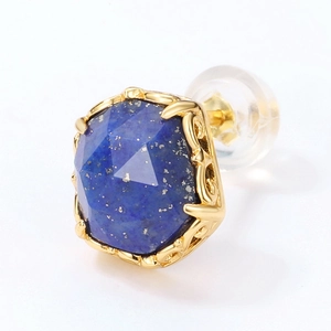 Detail of Lapis Lazuli stud earring with vintage gold vine hollow carving and 925 silver base
