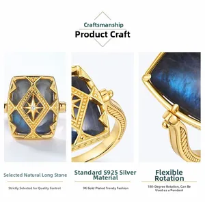 Detailed view of rotating S925 silver gold-plated ring with blue labradorite stone