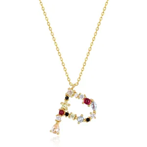 Collana con lettera P in argento sterling S925 arcobaleno con zirconi colorati e oro
