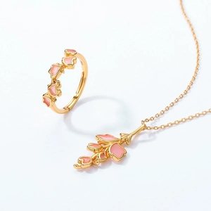 Pink enamel lilac flower pendant necklace and open ring set in gold plated S925 silver