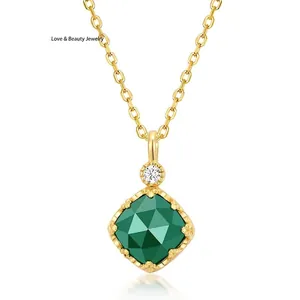 Vintage 925 Sterling Silver Green Agate Square Pendant Necklace For Women Retro Beaded Edge Crown Gold Plated Jewelry