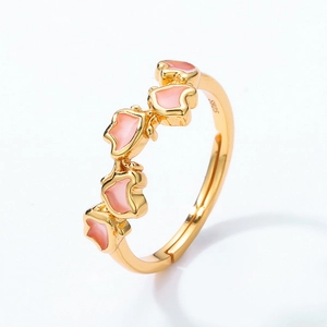 Pink lilac flower butterfly ring in S925 sterling silver with gold plating and enamel