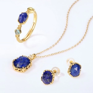 Lapis lazuli jewelry set with S925 silver gold plated ring, necklace and stud earrings