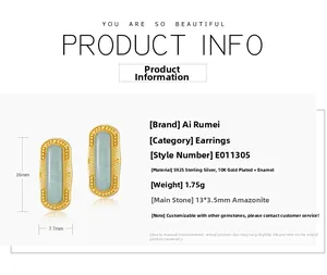 Macro detail of rectangle amazonite earrings with 925 silver 10K gold plated frame
