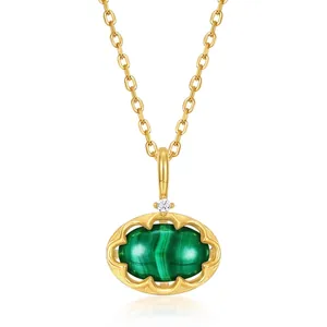 Vintage 925 Sterling Silver Malachite Necklace Geometric Oval Hollow Rhinestone Pendant For Women Classic Jewelry