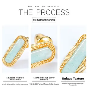 Macro detail of geometric S925 silver stud earrings with blue Amazonite and 9K gold plating